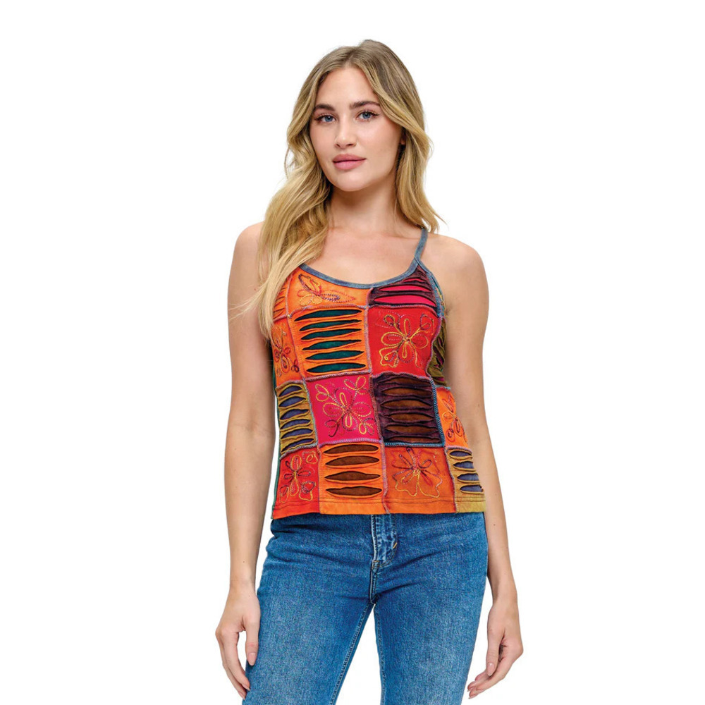 26465 R RUST Yak & Yeti Boho Razor Cut Patch Embroidered Tank Top Various Sizes